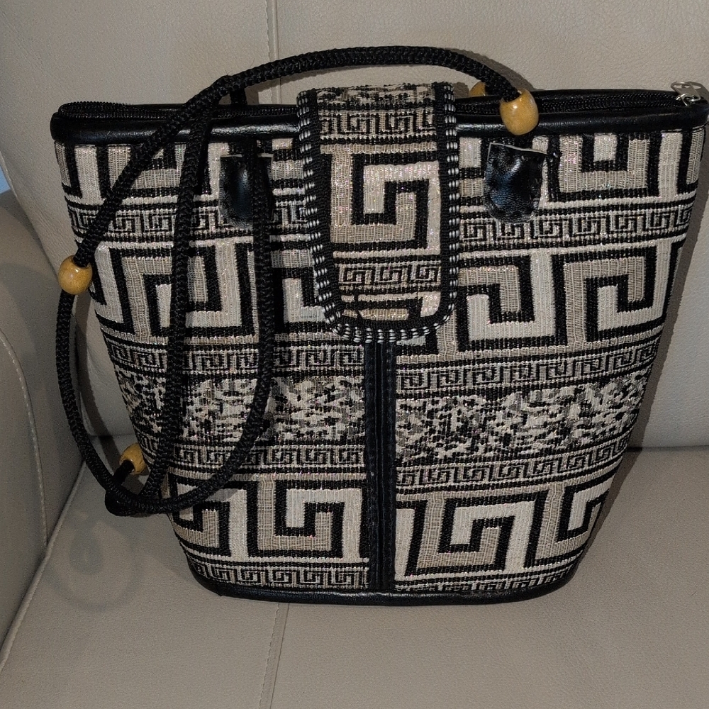 Black Silver Gray Metallic Geometric Pattern Tote Bag